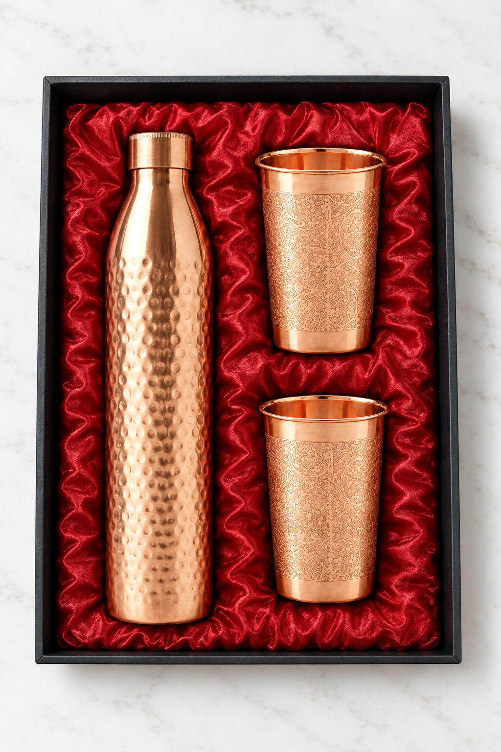 Nordic Christmas Copper Gift Set | Hammered Bottle & 2 Floral Tumblers