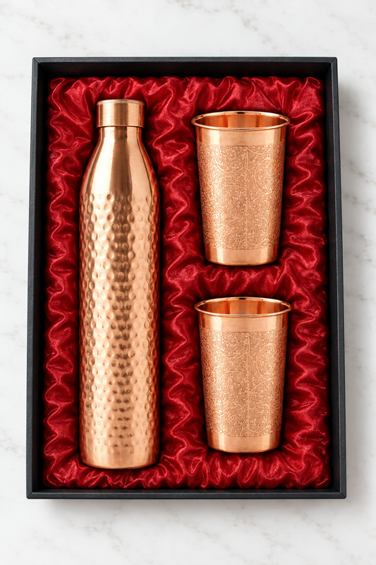 Nordic Christmas Copper Gift Set | Hammered Bottle & 2 Floral Tumblers