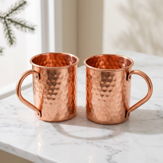 Hammered Copper Drinking Cups with Handles | Set of 2 | 400 ml