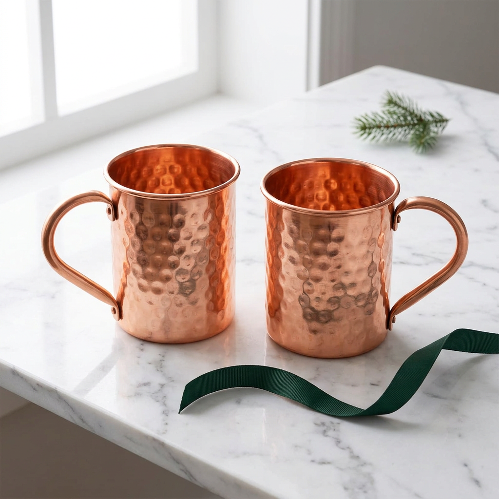 Hammered Copper Drinking Cups with Handles | Set of 2 | 400 ml