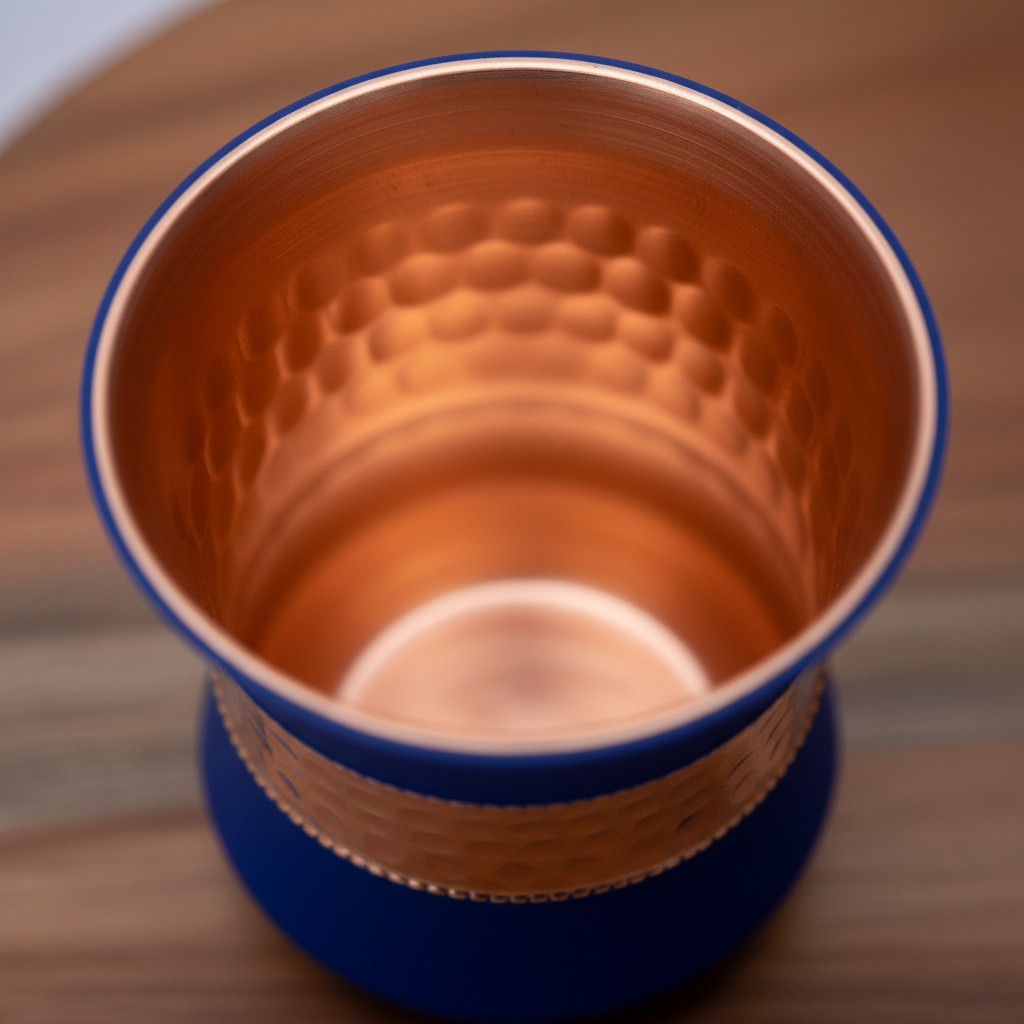 Pure Copper Water Glass Set of 2 Silk Blue Half Hammered Damru Tumbler 300ml