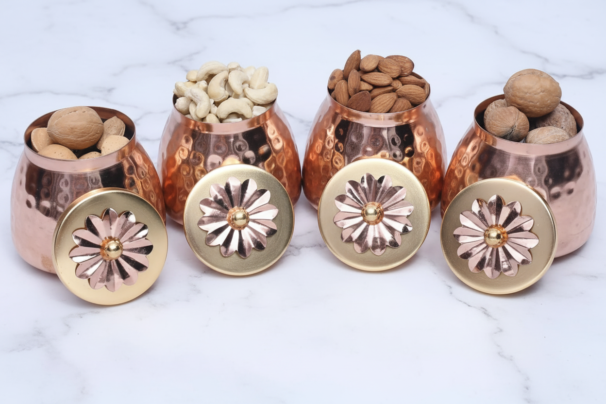 Copper Finish Container Set of 4 – Multipurpose Storage Jars with Flower Lid