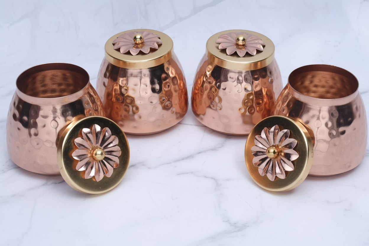 Copper Finish Container Set of 4 – Multipurpose Storage Jars with Flower Lid