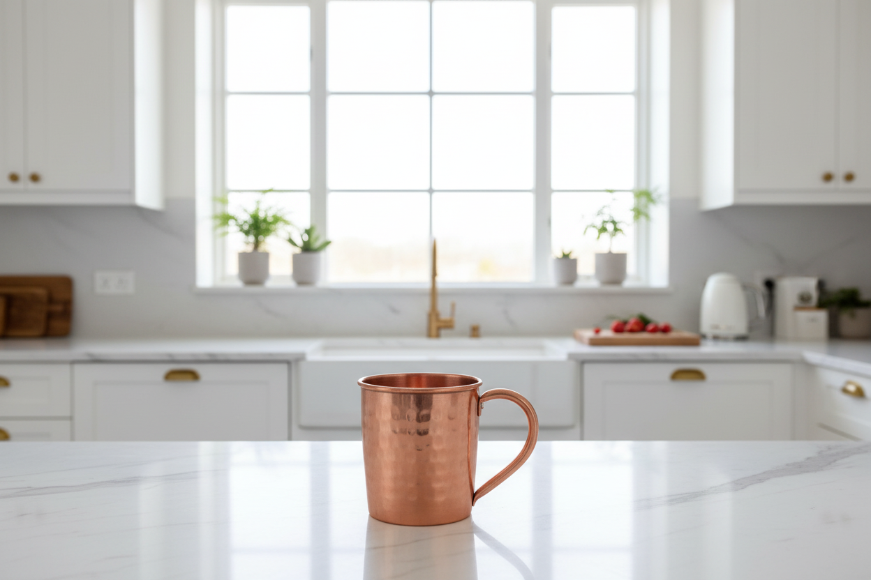 Copper mug in luxury Nordic kitchen with marble counter