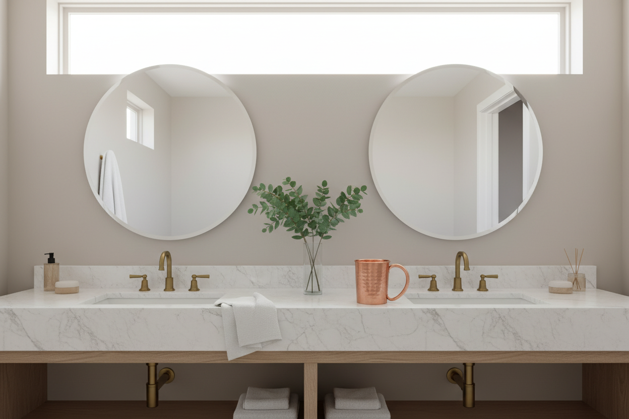 Copper mug on marble bathroom vanity in luxury spa setting