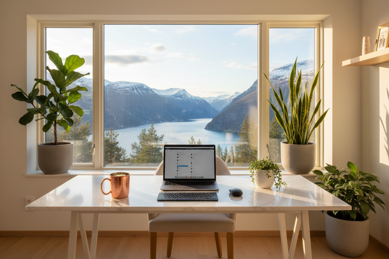 Copper mug on marble desk with MacBook and fjord view