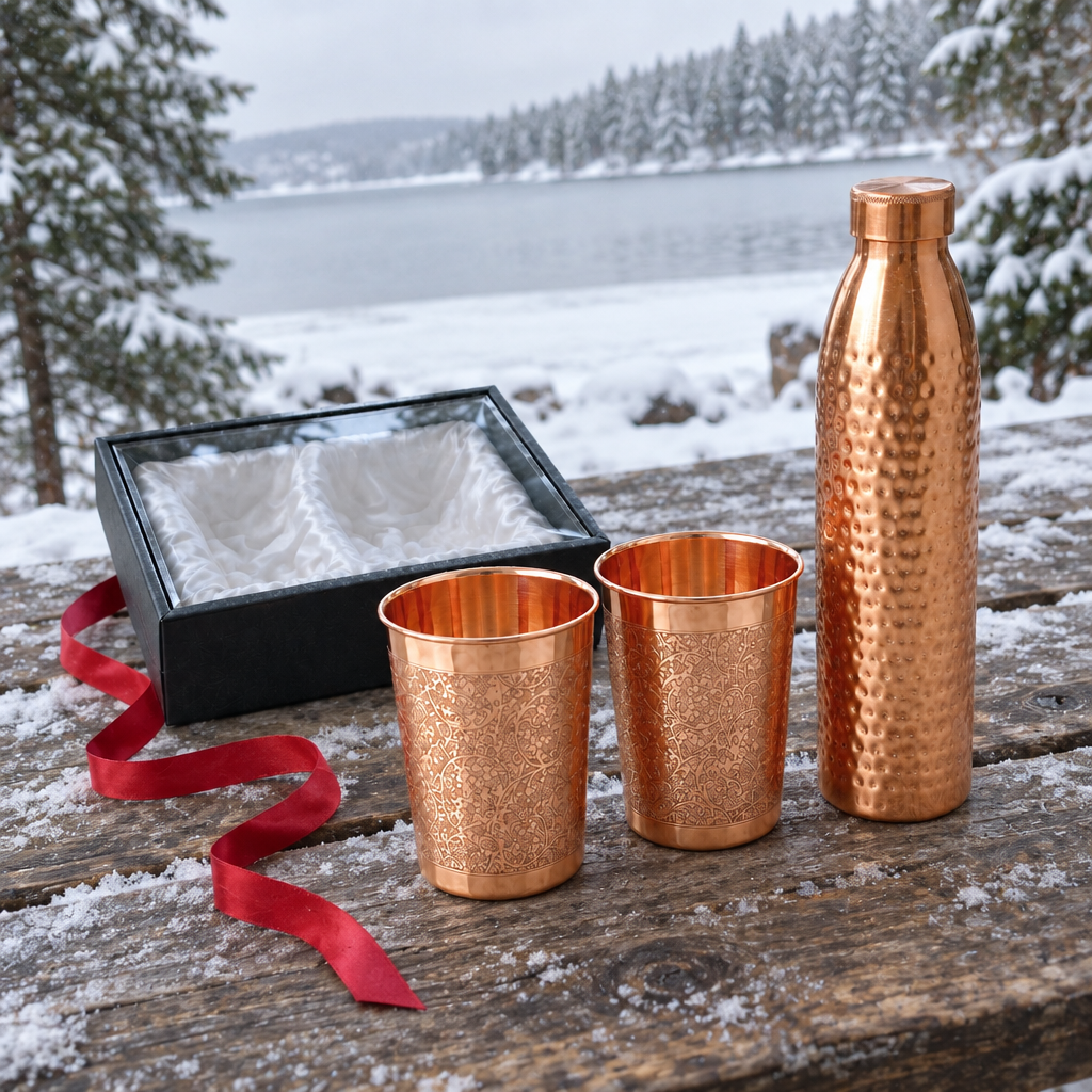 Nordic Copper Christmas Gift Set | Hammered 1L Bottle & Floral Engraved Tumblers