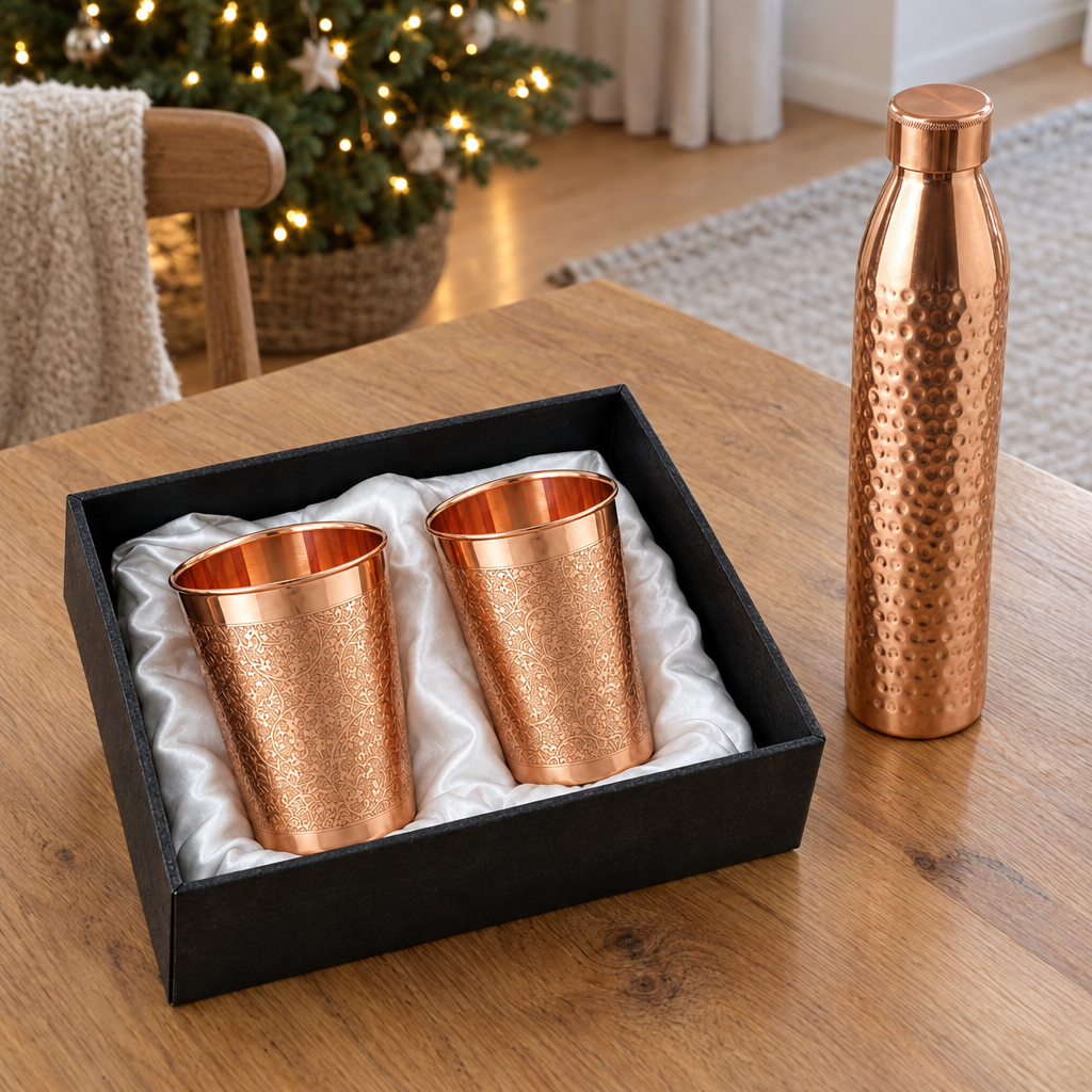Nordic Copper Christmas Gift Set | Hammered 1L Bottle & Floral Engraved Tumblers