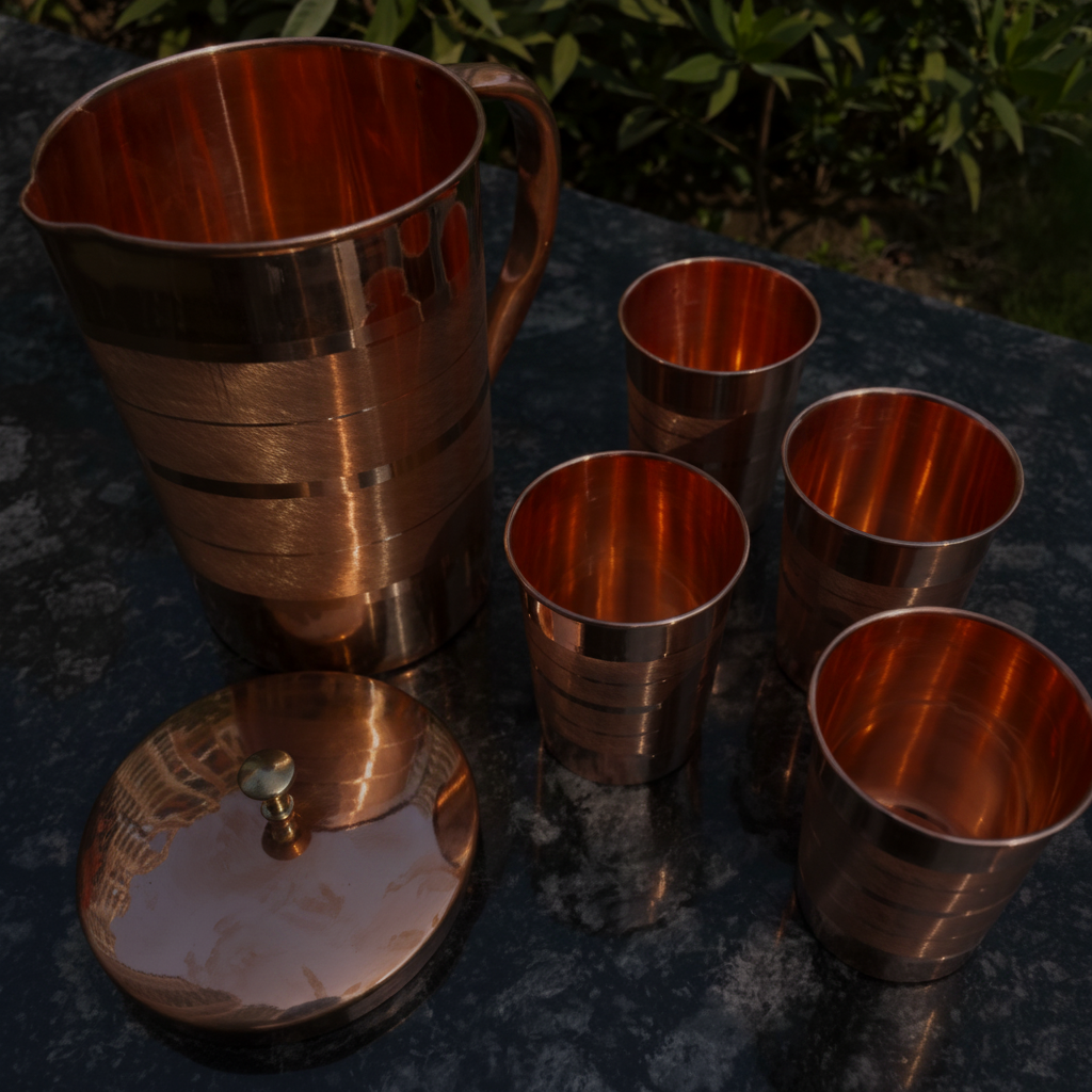 Pure Copper Jug and Glass Set (4-Piece) | Handcrafted Ayurvedic Water Set