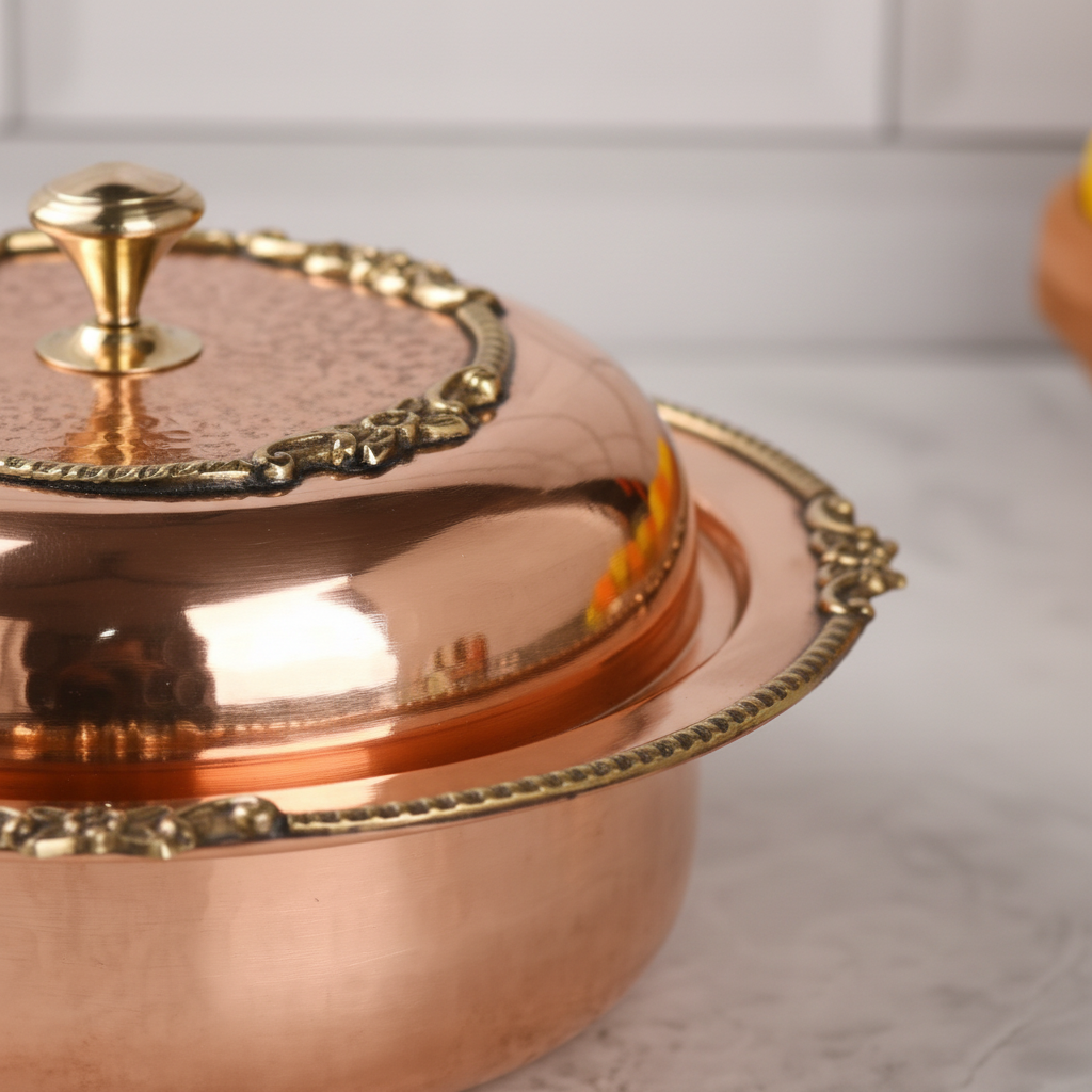 Handcrafted Copper Serving Pot with Brass Handle – 1.8L Traditional Dinnerware