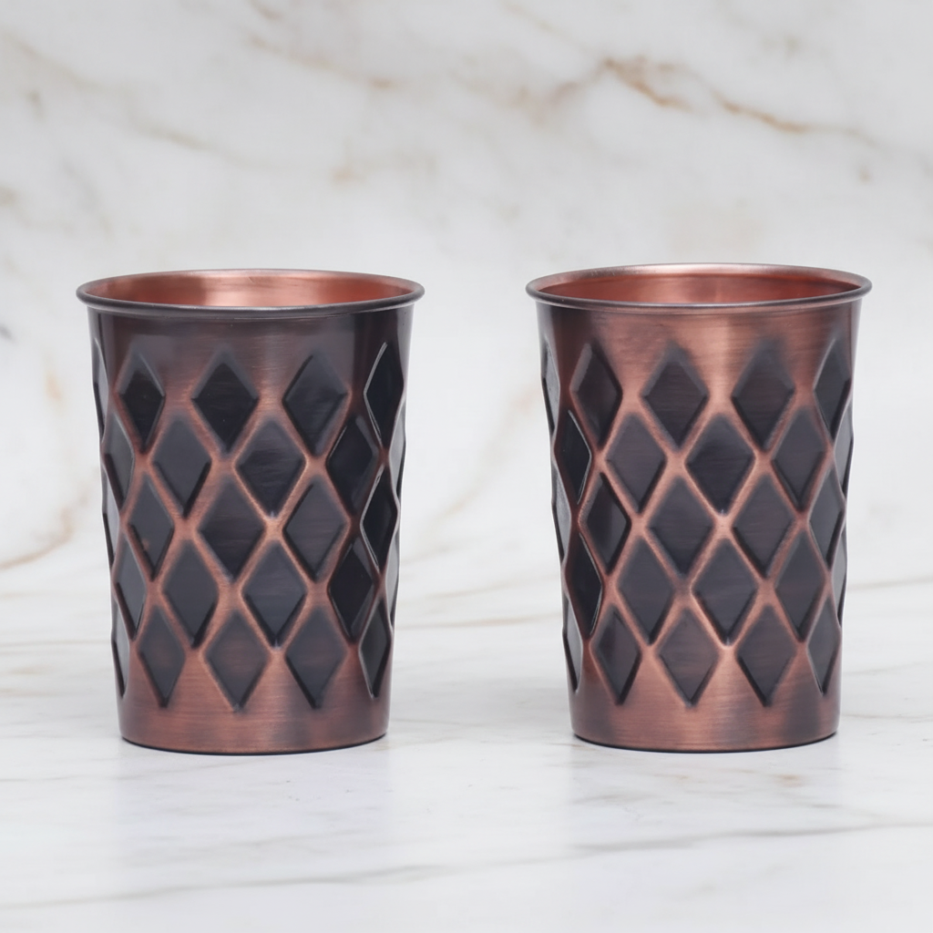 Pure Copper Antique Diamond Tumbler Glass – Set of 2 | 300ml