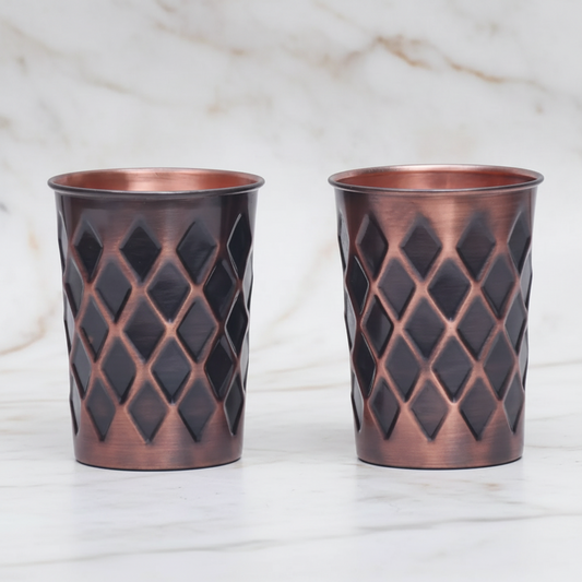 Pure Copper Antique Diamond Tumbler Glass – Set of 2 | 300ml