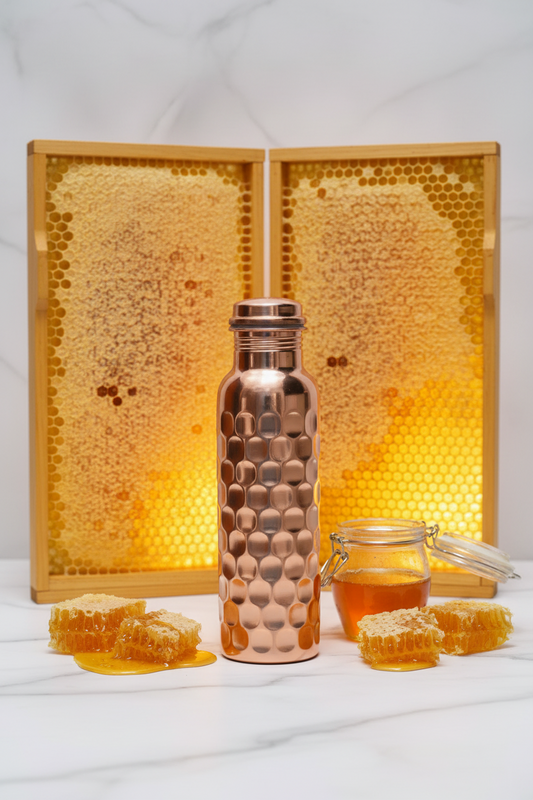 Honeycomb Design / Heavy Brick Hammered Pure Copper Water Bottle 1000ml