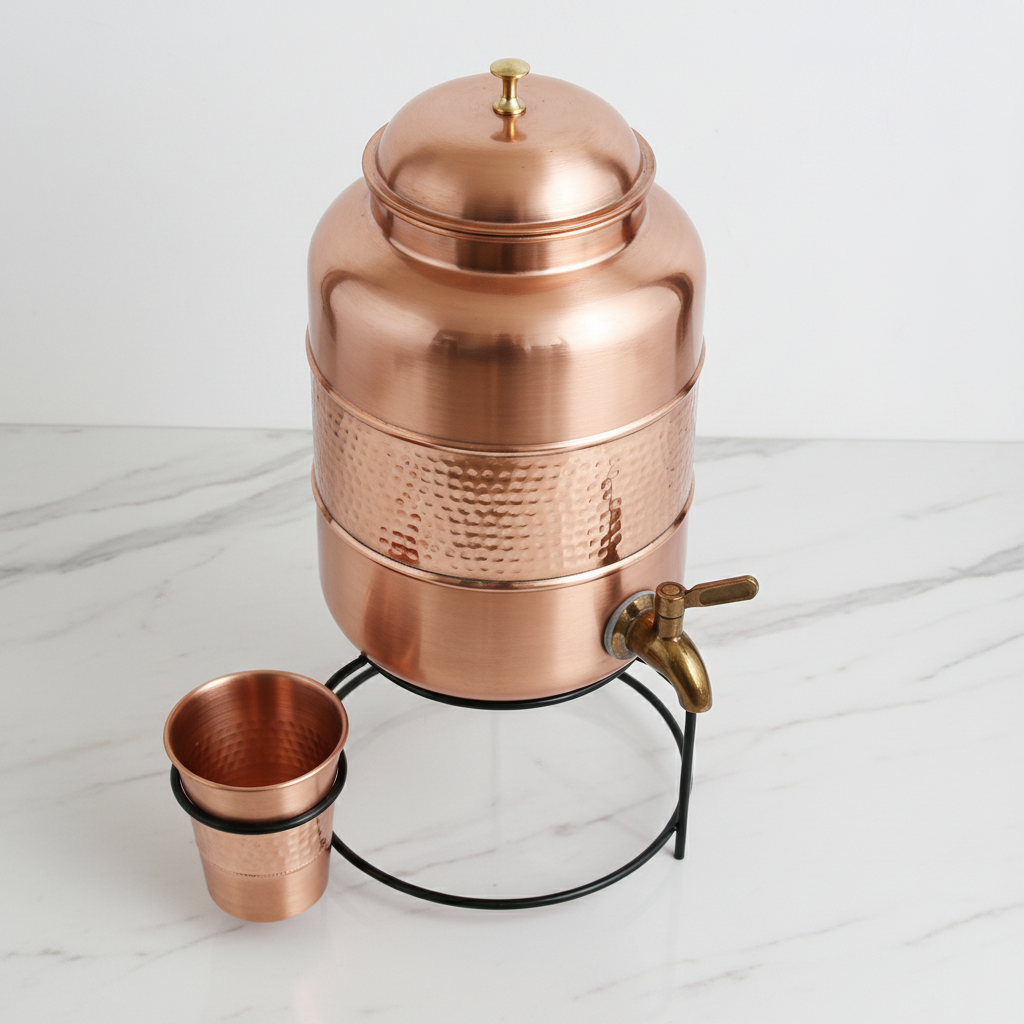 Pure Copper Water Dispenser Half Hammered Dark Finish with Glass & Stand – 5L