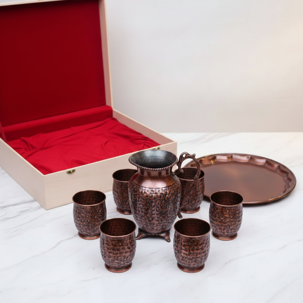 Pure Copper Antique Lemon Set – Jug & 6 Glasses | Royal Wooden Gift Box