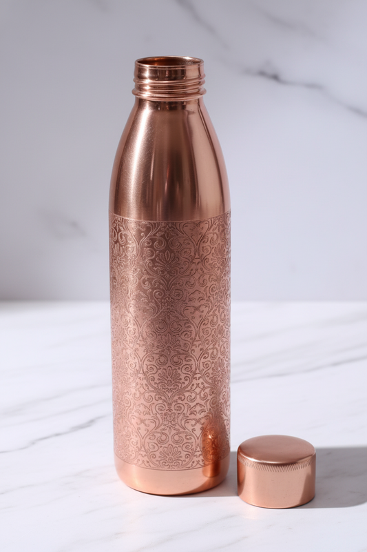 Pure Copper Water Bottle – Floral Engraved Design 1000ml | Ayurvedic Tamra Jal