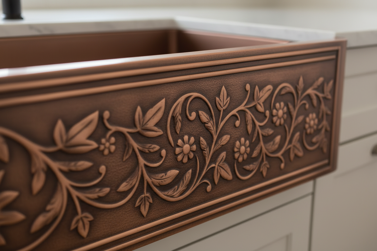 Copper Kitchen Sink – Country Single Bowl 36x22x9" | Hand-Engraved Farmhouse Design