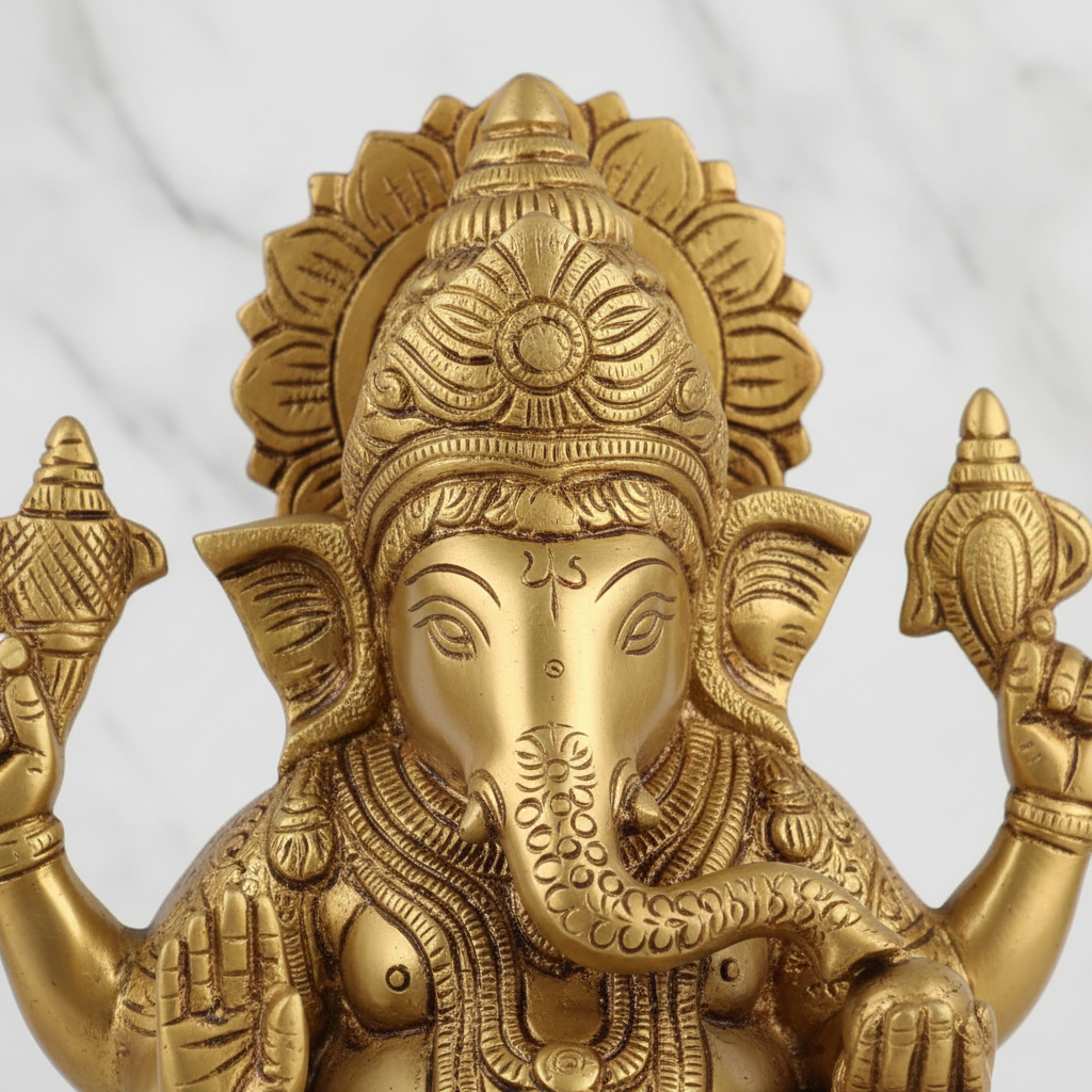 Brass Antique Ganesha Idol – 11" Sitting on Base | Handcrafted Spiritual Decor