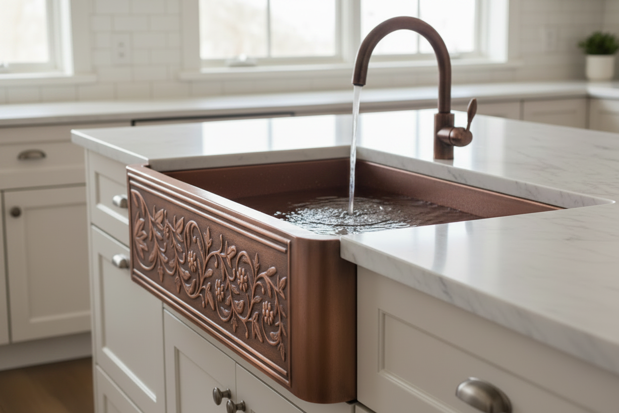 Copper Kitchen Sink – Country Single Bowl 36x22x9" | Hand-Engraved Farmhouse Design