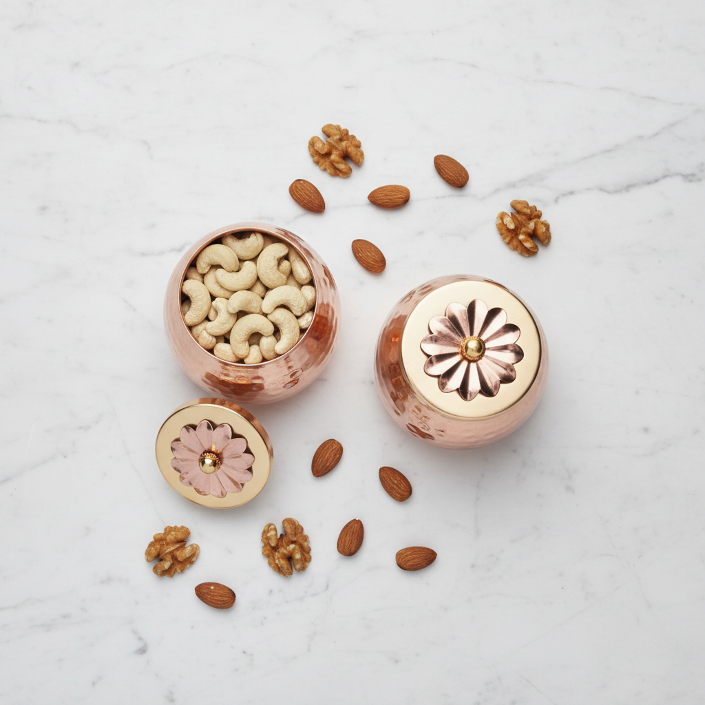 Copper Finish Container Set of 2 – Multipurpose Storage Jars with Flower Lid