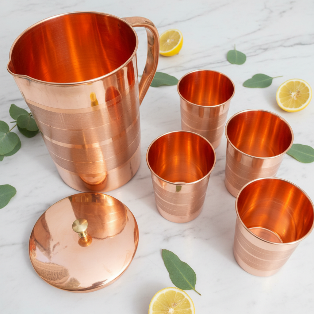 Pure Copper Jug and Glass Set (4-Piece) | Handcrafted Ayurvedic Water Set