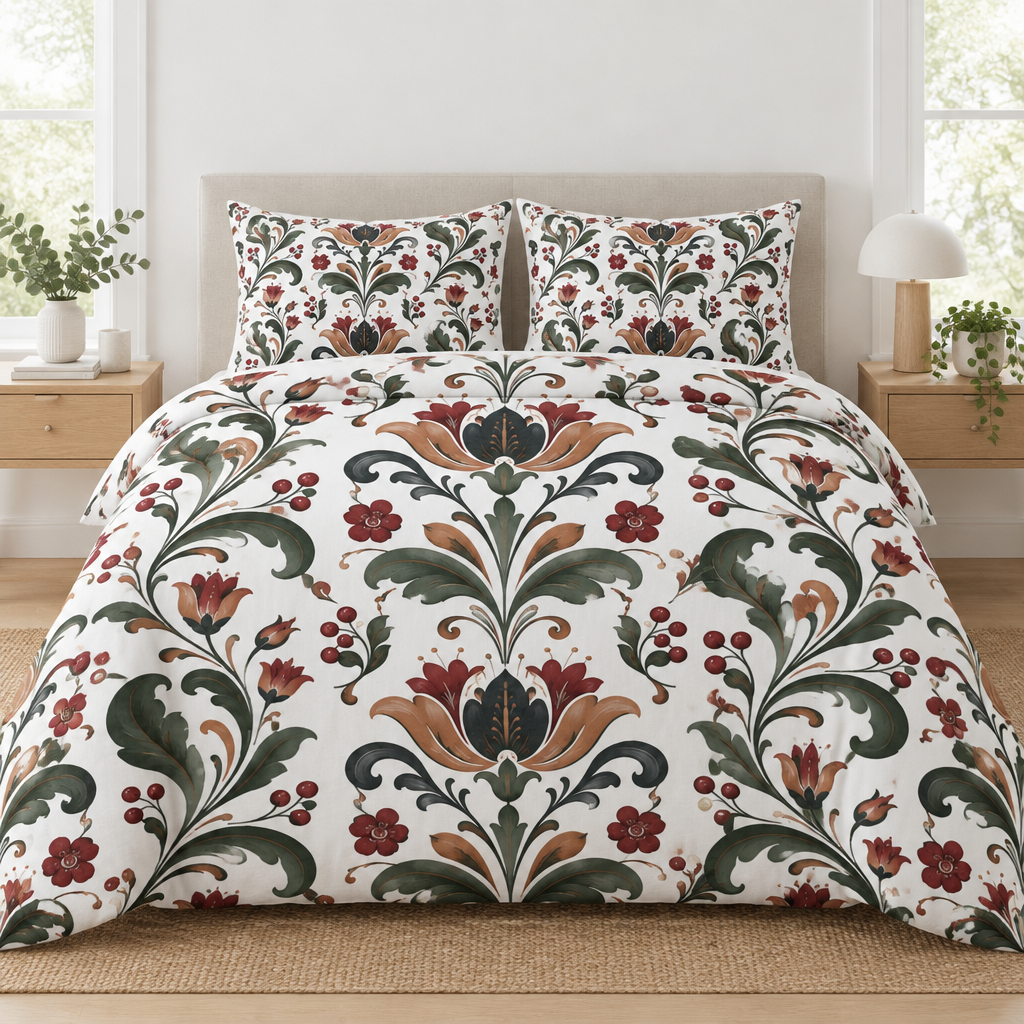 Vintage Folk Floral Cotton Duvet Cover Set with 2 Shams