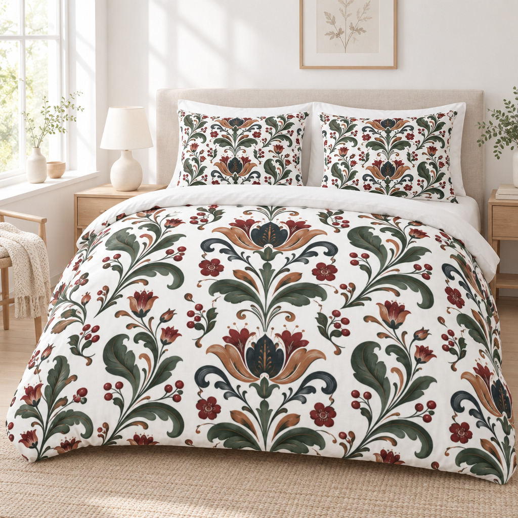 Vintage Folk Floral Cotton Duvet Cover Set with 2 Shams