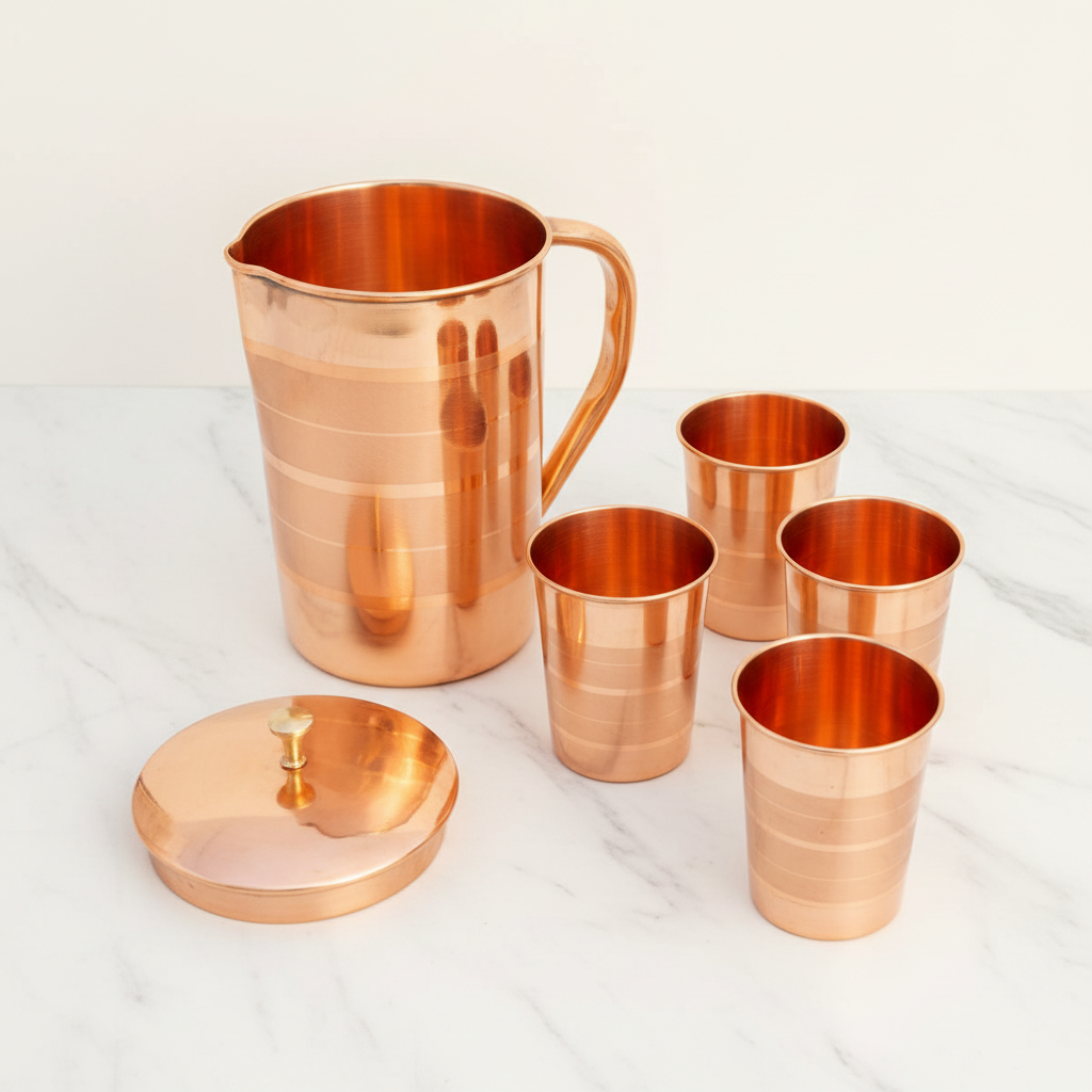 Pure Copper Jug and Glass Set (4-Piece) | Handcrafted Ayurvedic Water Set