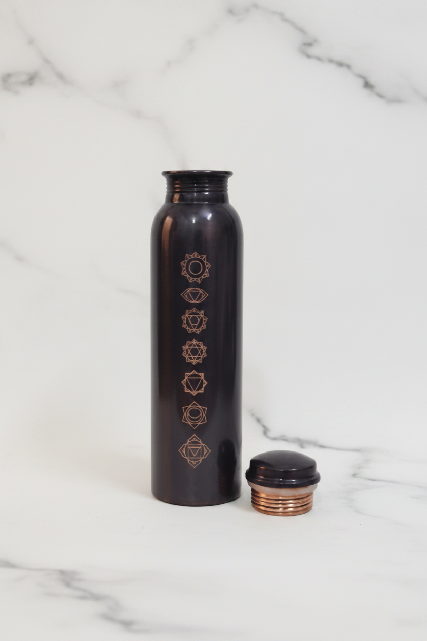 Pure Copper Matte Black 7-Chakra Water Bottle 1L | Ayurvedic Tamra Jal