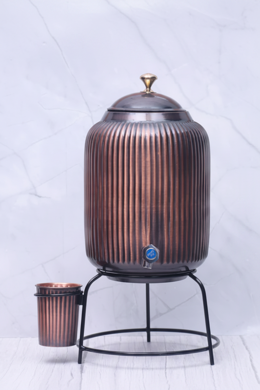 Pure Copper Water Dispenser – Antique Rope Design | With Stand & Glass | Ayurvedic, Handcrafted