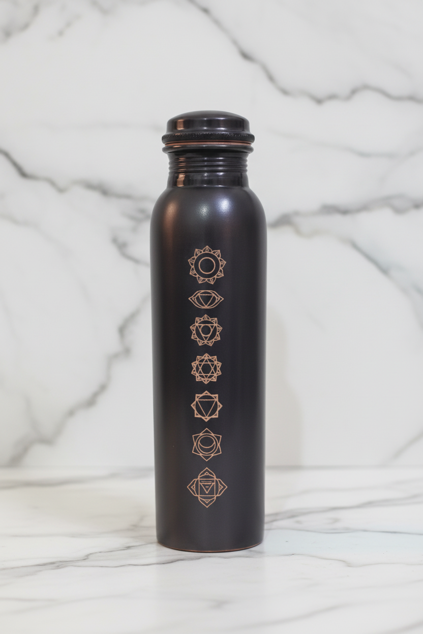 Pure Copper Matte Black 7-Chakra Water Bottle 1L | Ayurvedic Tamra Jal