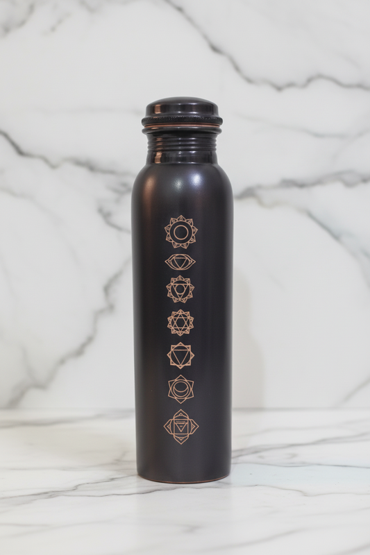 Pure Copper Matte Black 7-Chakra Water Bottle 1L | Ayurvedic Tamra Jal