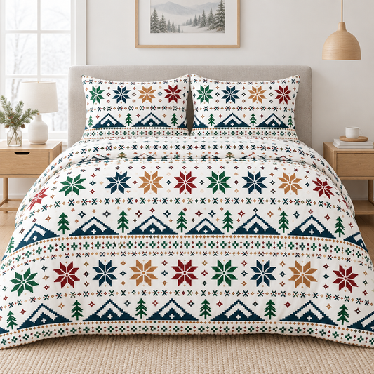 Nordic Snowflake 100% Cotton Duvet Cover Set with 2 Shams