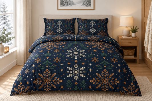 Nordic Snowflake Night 100% Cotton Duvet Cover Set with 2 Shams