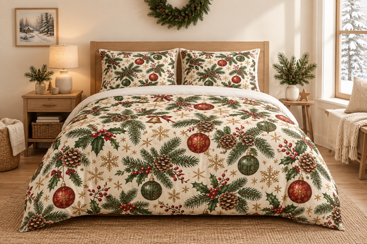 Christmas Pine & Ornaments 100% Cotton Duvet Cover Set with 2 Shams