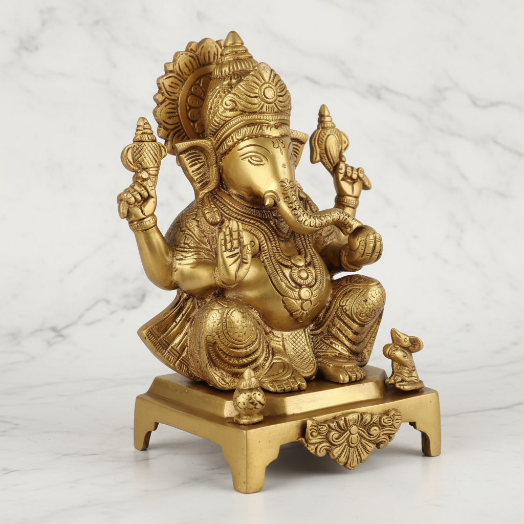 Brass Antique Ganesha Idol – 11" Sitting on Base | Handcrafted Spiritual Decor