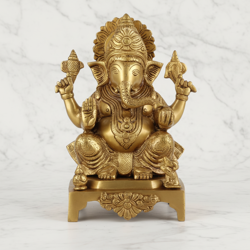 Brass Antique Ganesha Idol – 11" Sitting on Base | Handcrafted Spiritual Decor