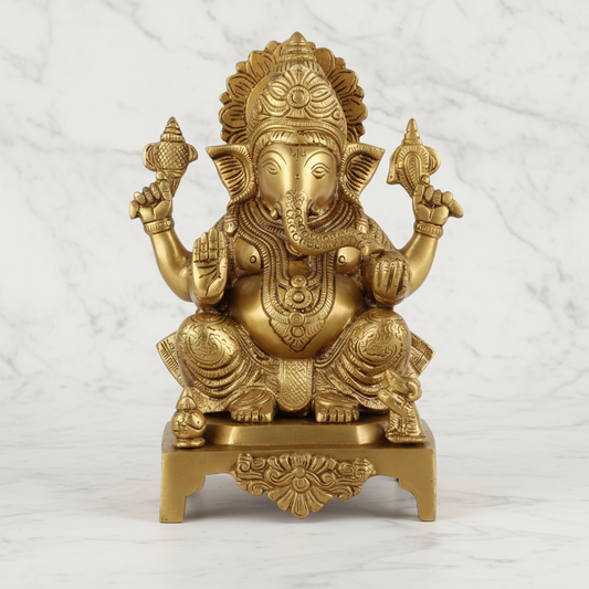 Brass Antique Ganesha Idol – 11" Sitting on Base | Handcrafted Spiritual Decor