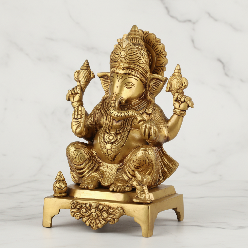 Brass Antique Ganesha Idol – 11" Sitting on Base | Handcrafted Spiritual Decor