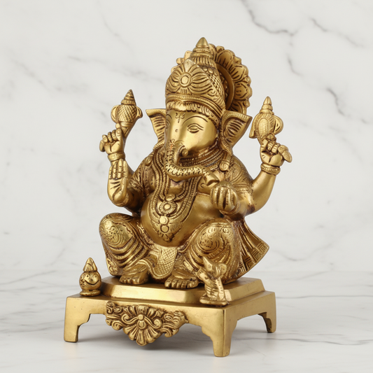 Brass Antique Ganesha Idol – 11" Sitting on Base | Handcrafted Spiritual Decor