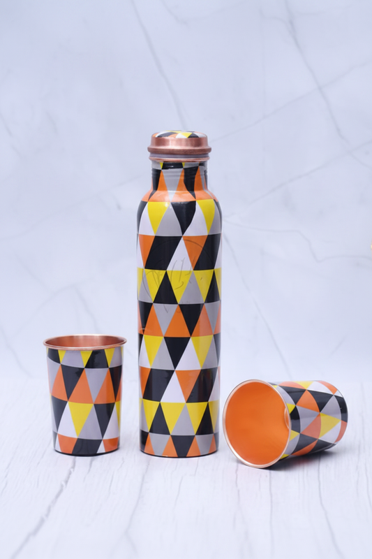 Geometric Design Pure Copper Bottle with 2 Glasses | Set of 3 | 1450 ML | Leak-Proof