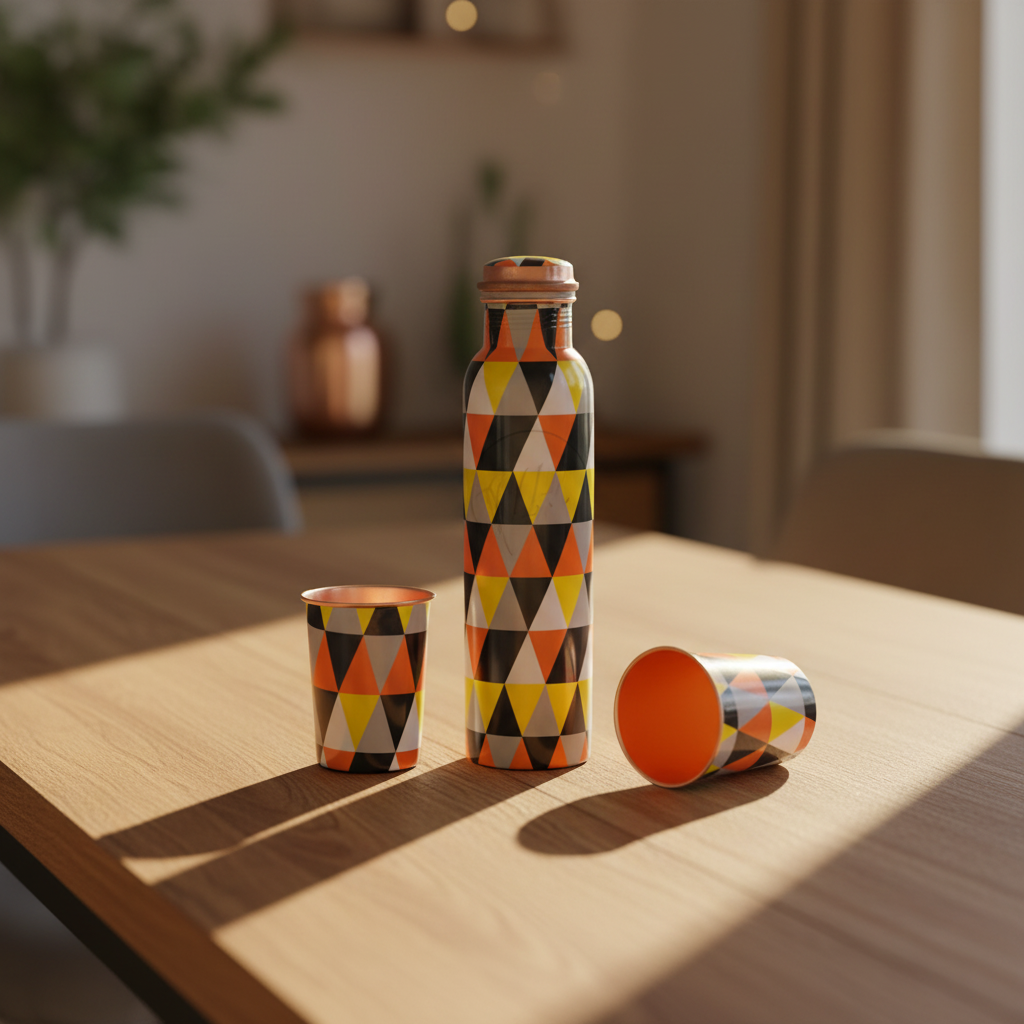 Geometric Design Pure Copper Bottle with 2 Glasses | Set of 3 | 1450 ML | Leak-Proof