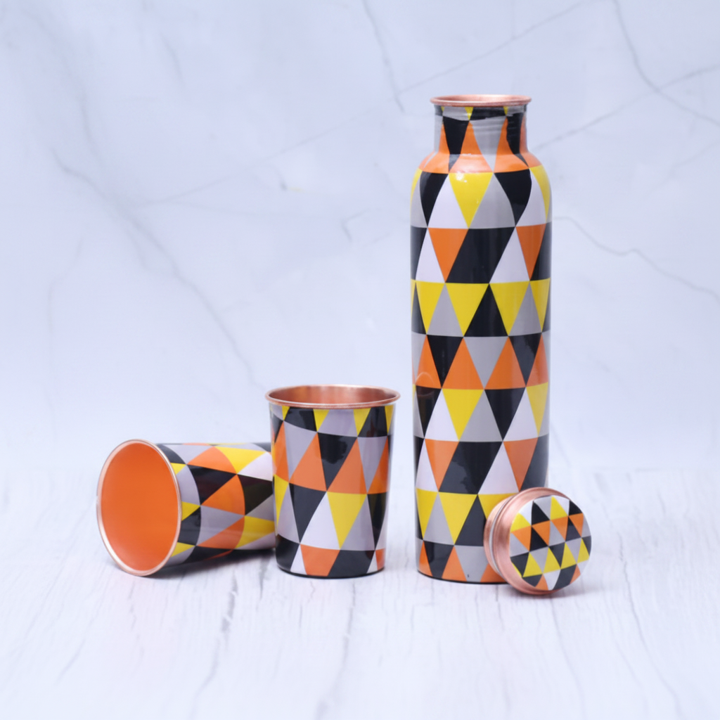 Geometric Design Pure Copper Bottle with 2 Glasses | Set of 3 | 1450 ML | Leak-Proof