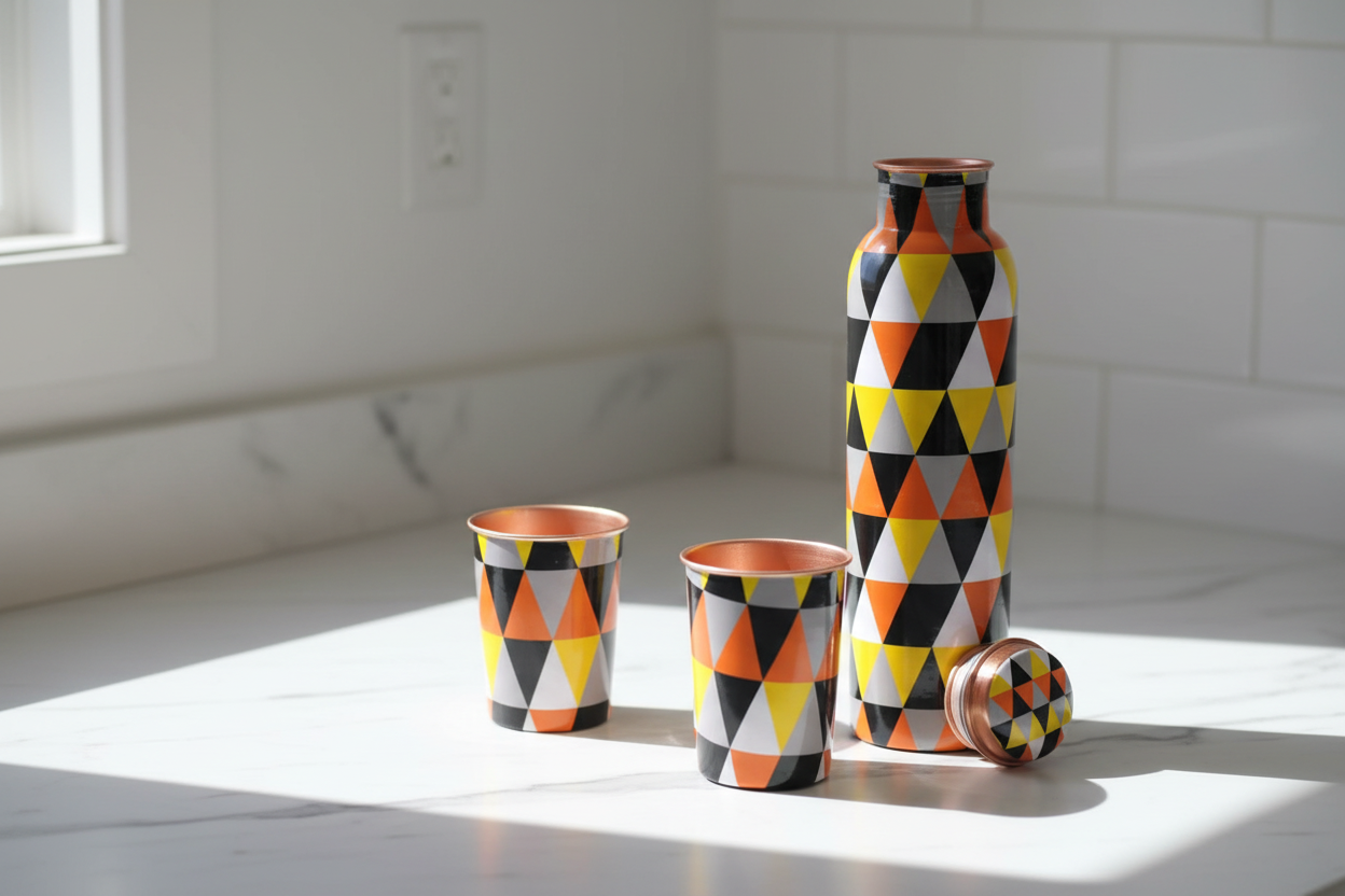 Geometric Design Pure Copper Bottle with 2 Glasses | Set of 3 | 1450 ML | Leak-Proof