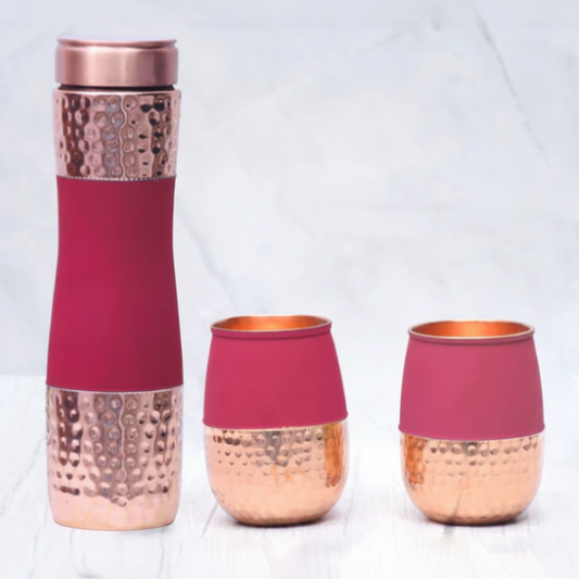Silk Finish Half Hammered Copper Bottle with 2 Tumblers | Set of 3 | 1450 ML | 5 Colours