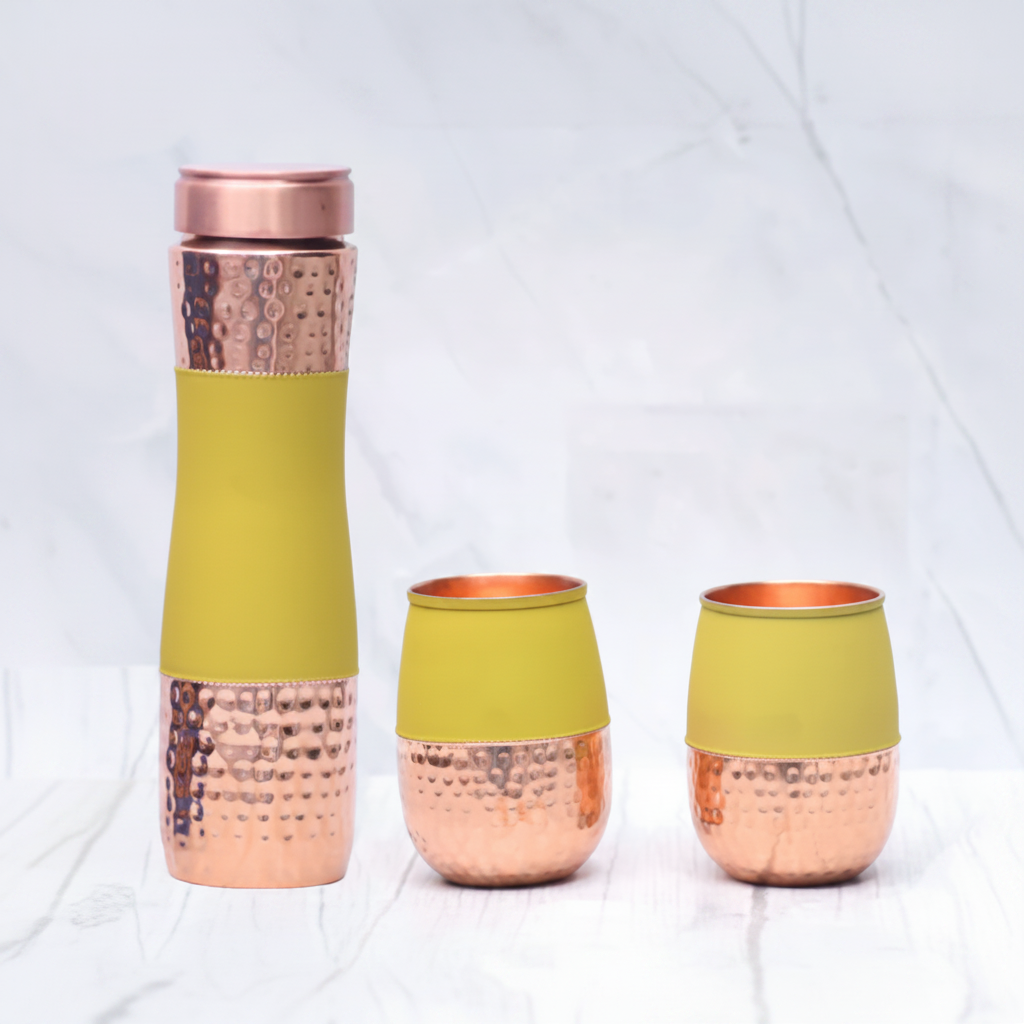 Silk Finish Half Hammered Copper Bottle with 2 Tumblers | Set of 3 | 1450 ML | 5 Colours
