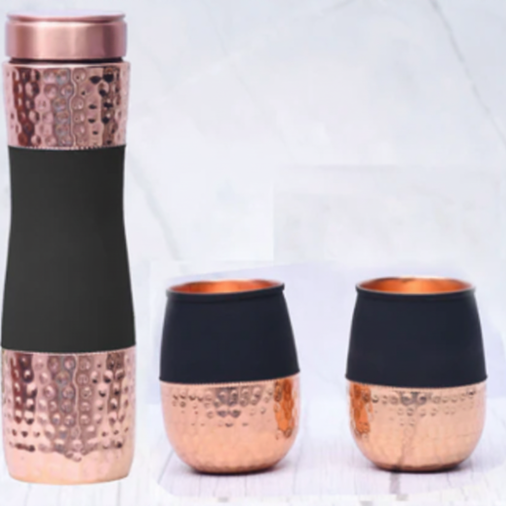 Silk Finish Half Hammered Copper Bottle with 2 Tumblers | Set of 3 | 1450 ML | 5 Colours