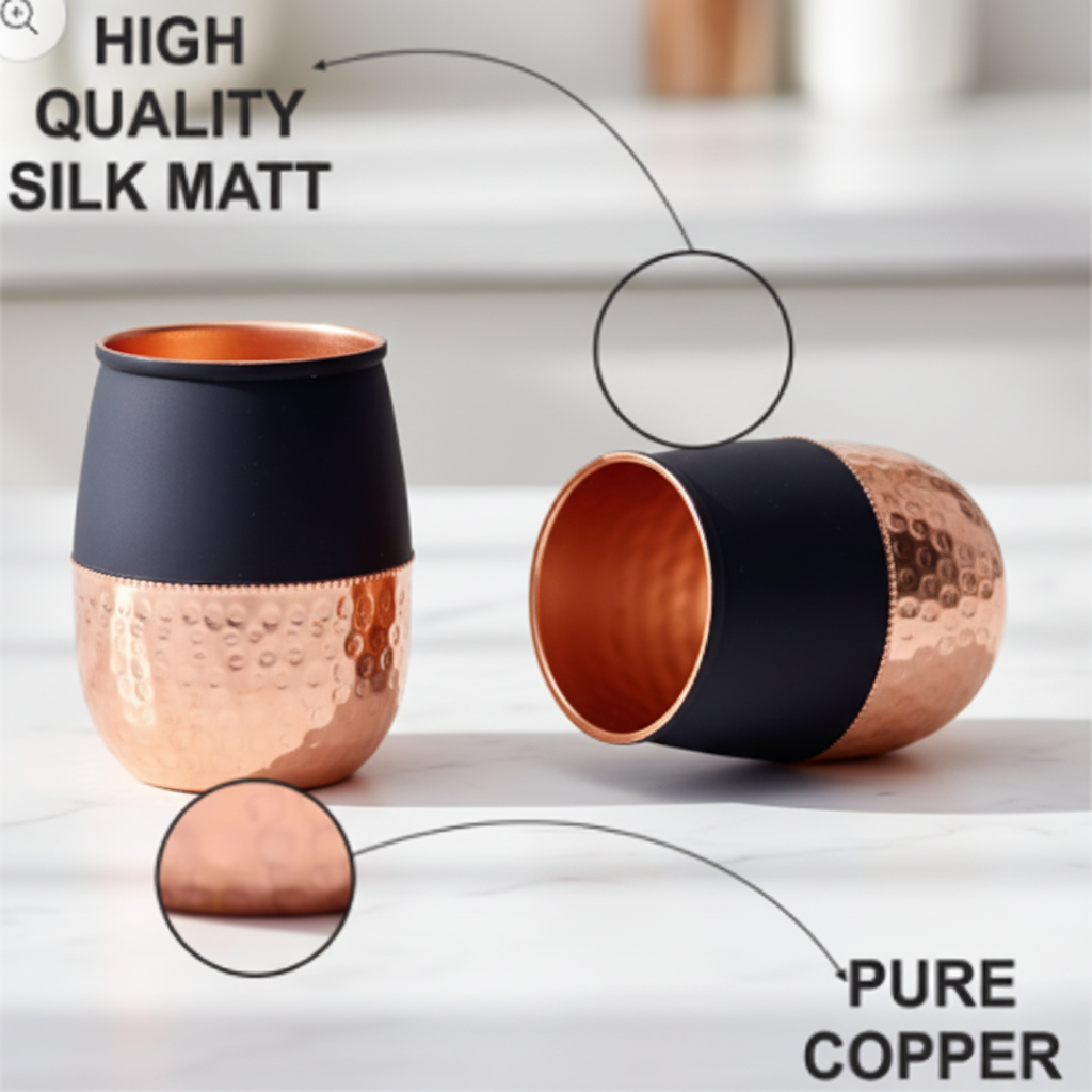 Silk Finish Half Hammered Copper Bottle with 2 Tumblers | Set of 3 | 1450 ML | 5 Colours