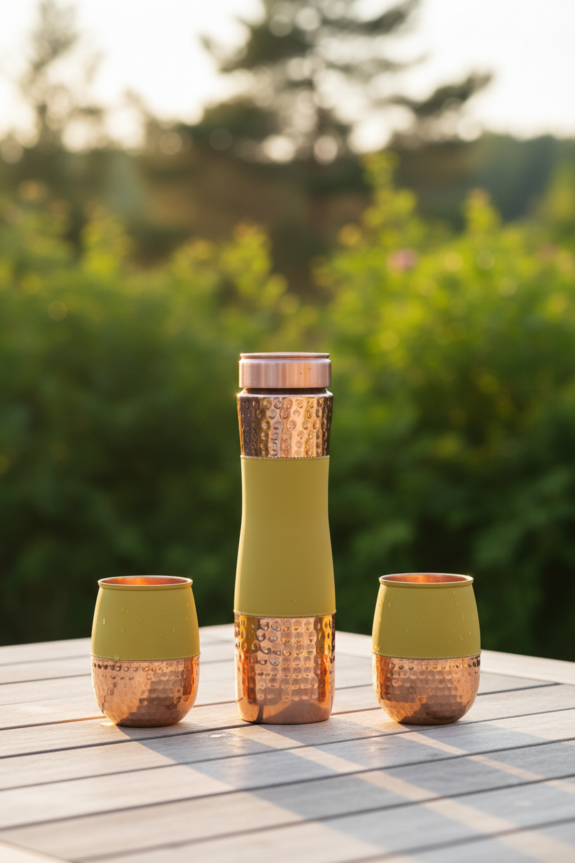 Silk Finish Half Hammered Copper Bottle with 2 Tumblers | Set of 3 | 1450 ML | 5 Colours