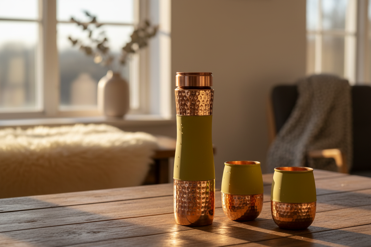Silk Finish Half Hammered Copper Bottle with 2 Tumblers | Set of 3 | 1450 ML | 5 Colours